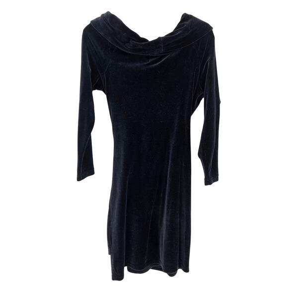 VTG Moda Intl Black Velvet Draped Front Cocktail Above Knee Dress M Glam Vampy - Picture 2 of 5
